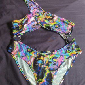Asymmetrical o ring cutout neon acid print bodysuit